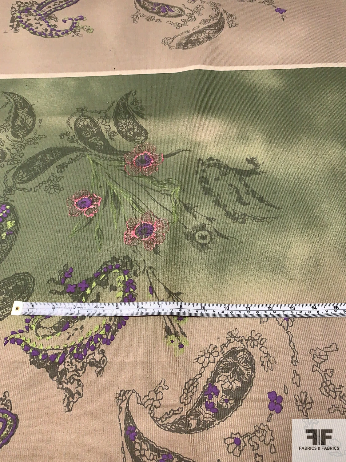 Ethereal Paisley Printed Stretch Cotton Corduroy Panel - Khaki / Earth Green / Purple 7 Ethereal Paisley Printed Stretch Cotton Corduroy Panel - Khaki / Earth Green / Purple - Image 5