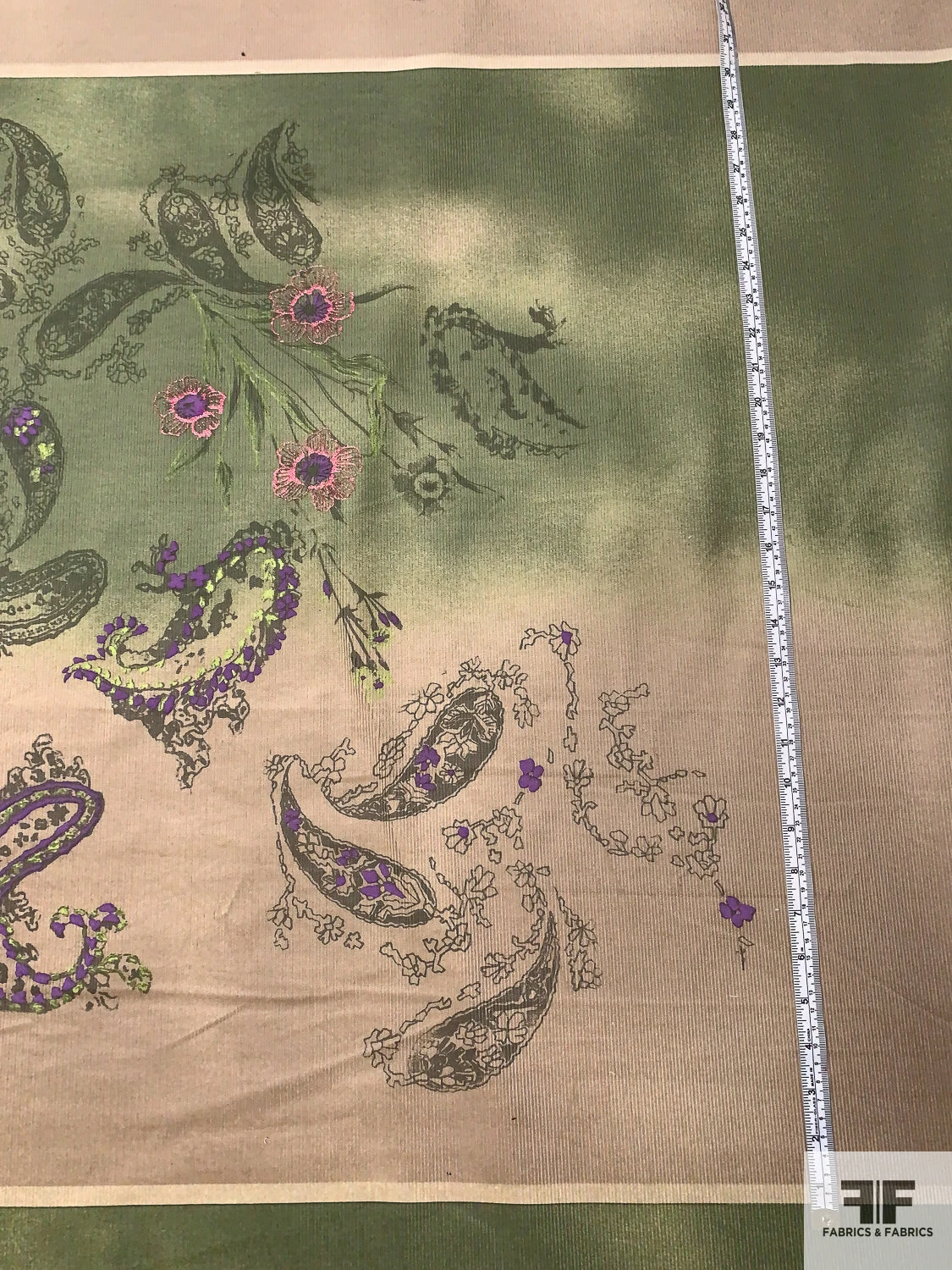 Ethereal Paisley Printed Stretch Cotton Corduroy Panel - Khaki / Earth Green / Purple 9 Ethereal Paisley Printed Stretch Cotton Corduroy Panel - Khaki / Earth Green / Purple - Image 7