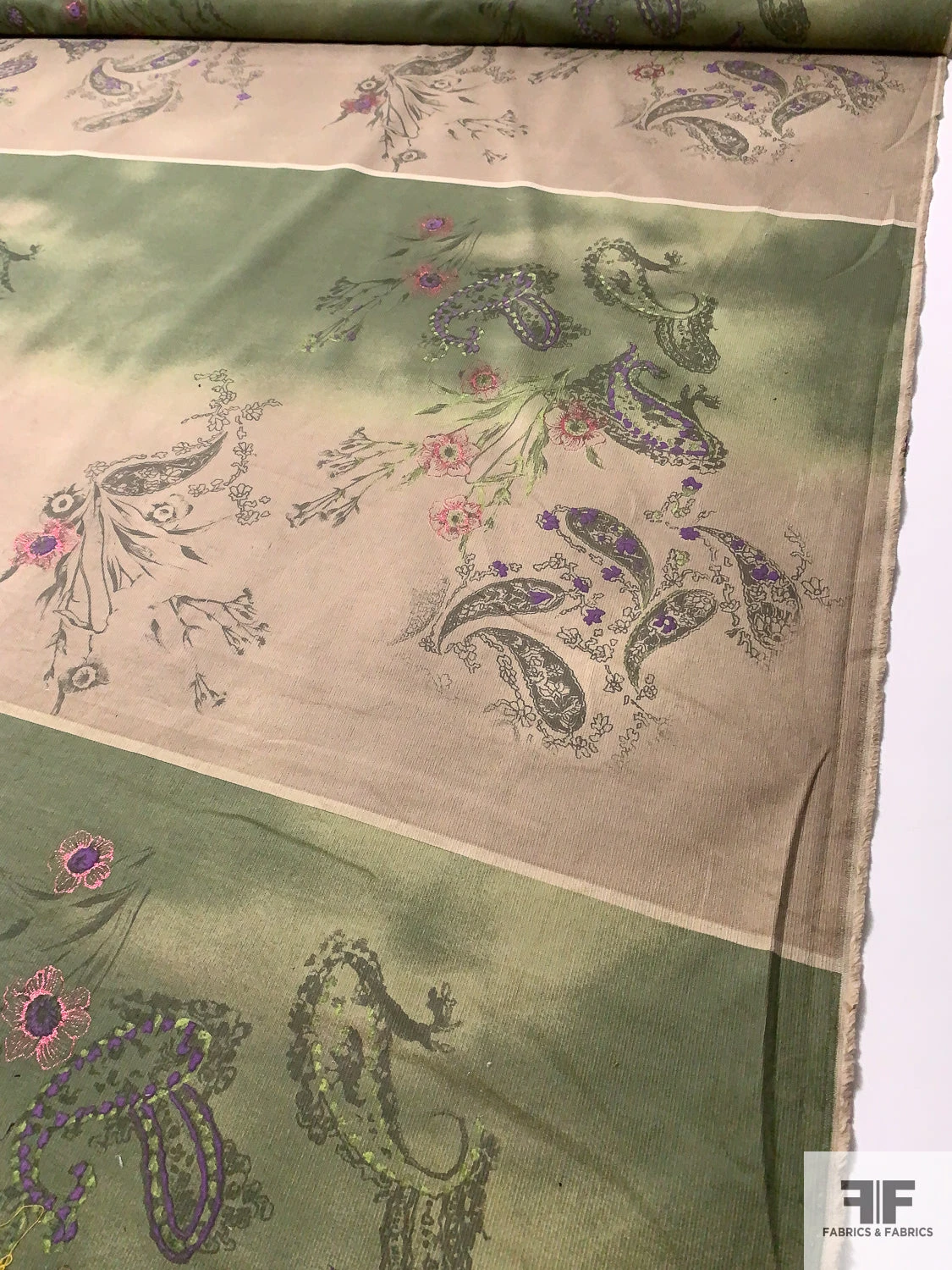 Ethereal Paisley Printed Stretch Cotton Corduroy Panel - Khaki / Earth Green / Purple 3 Ethereal Paisley Printed Stretch Cotton Corduroy Panel - Khaki / Earth Green / Purple
