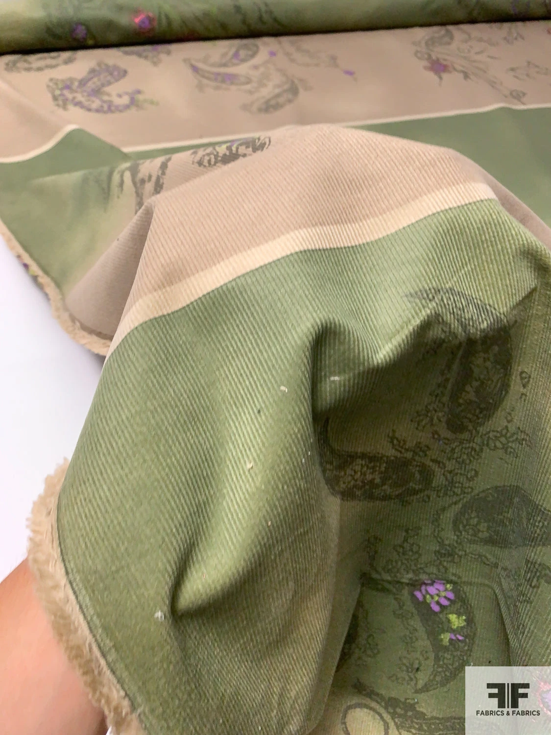 Ethereal Paisley Printed Stretch Cotton Corduroy Panel - Khaki / Earth Green / Purple 10 Ethereal Paisley Printed Stretch Cotton Corduroy Panel - Khaki / Earth Green / Purple - Image 8