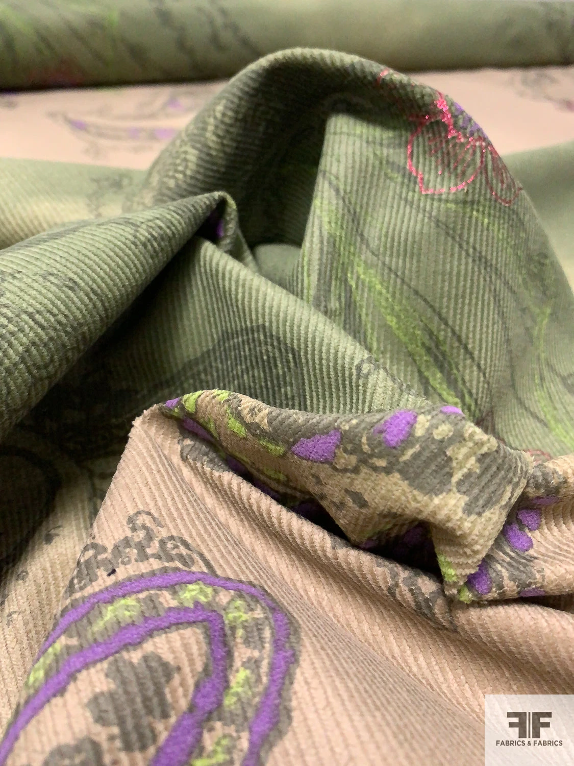 Ethereal Paisley Printed Stretch Cotton Corduroy Panel - Khaki / Earth Green / Purple 11 Ethereal Paisley Printed Stretch Cotton Corduroy Panel - Khaki / Earth Green / Purple - Image 9