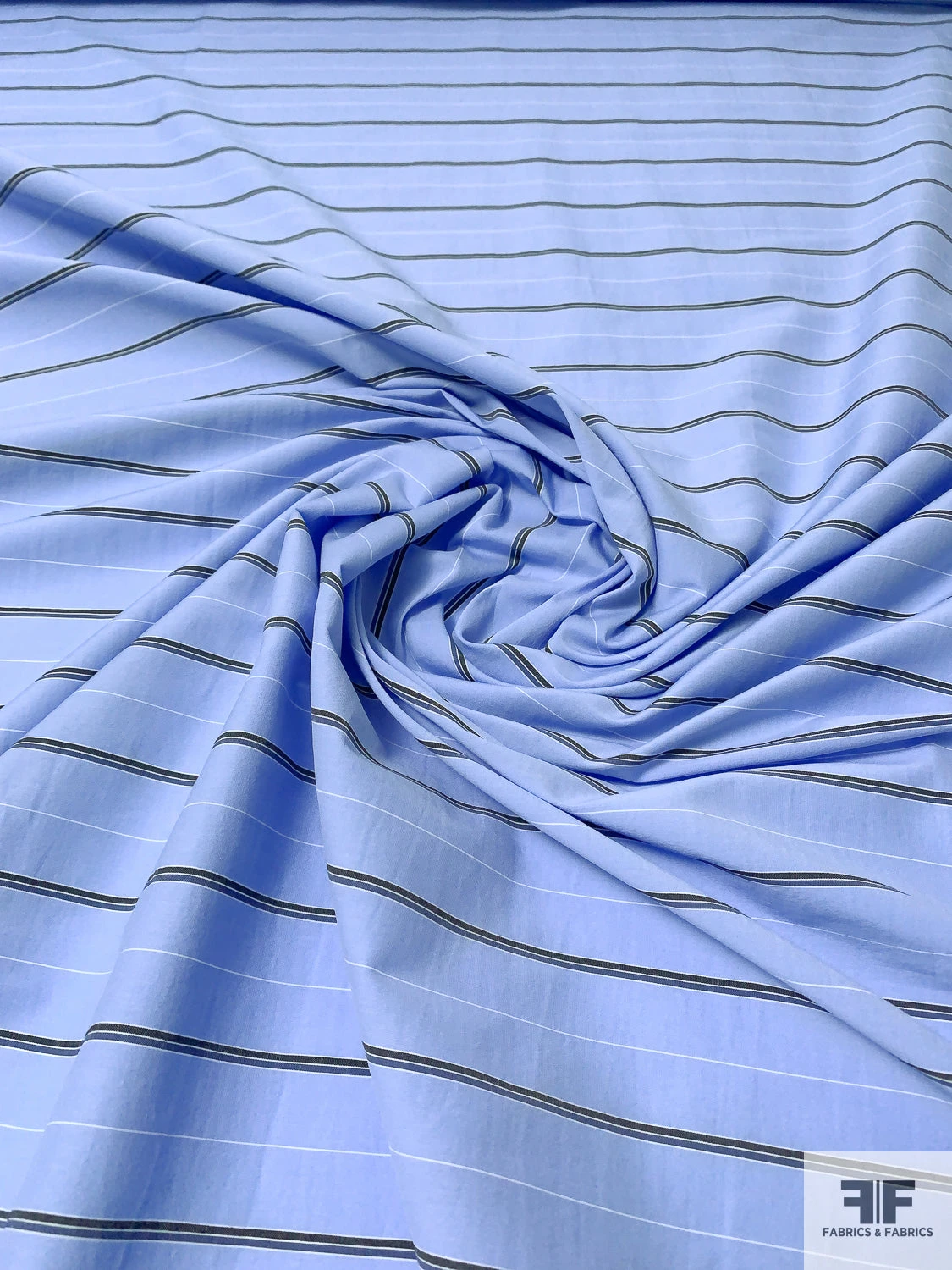 Italian Striped Cotton Shirting With Mechanical Stretch - Blue / Black / White 3 Italian Striped Cotton Shirting With Mechanical Stretch - Blue / Black / White