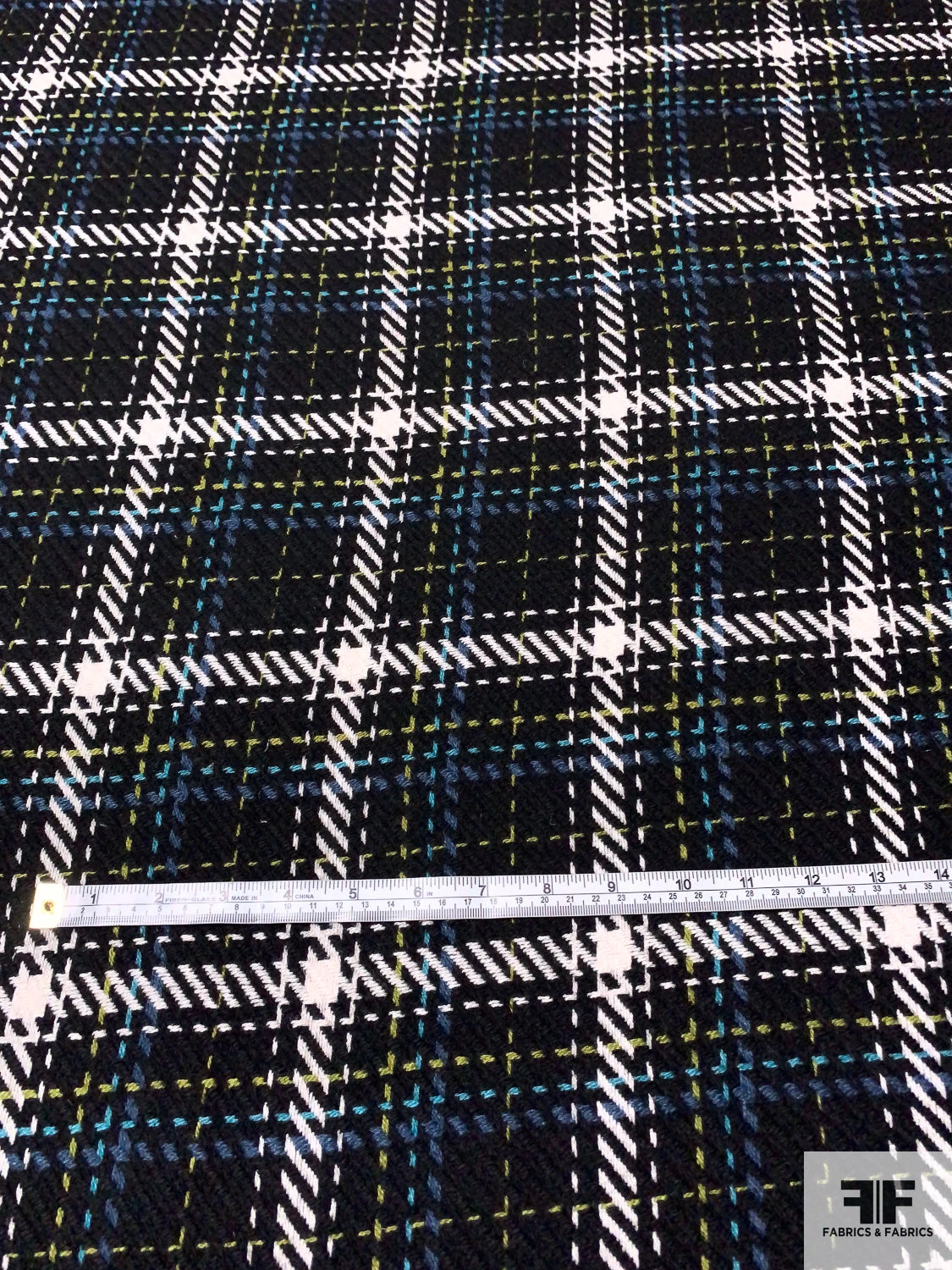 Italian Plaid Wool Blend Jacket Weight - Black / Off-White / Turquoise / Lime 8 Italian Plaid Wool Blend Jacket Weight - Black / Off-White / Turquoise / Lime - Image 6