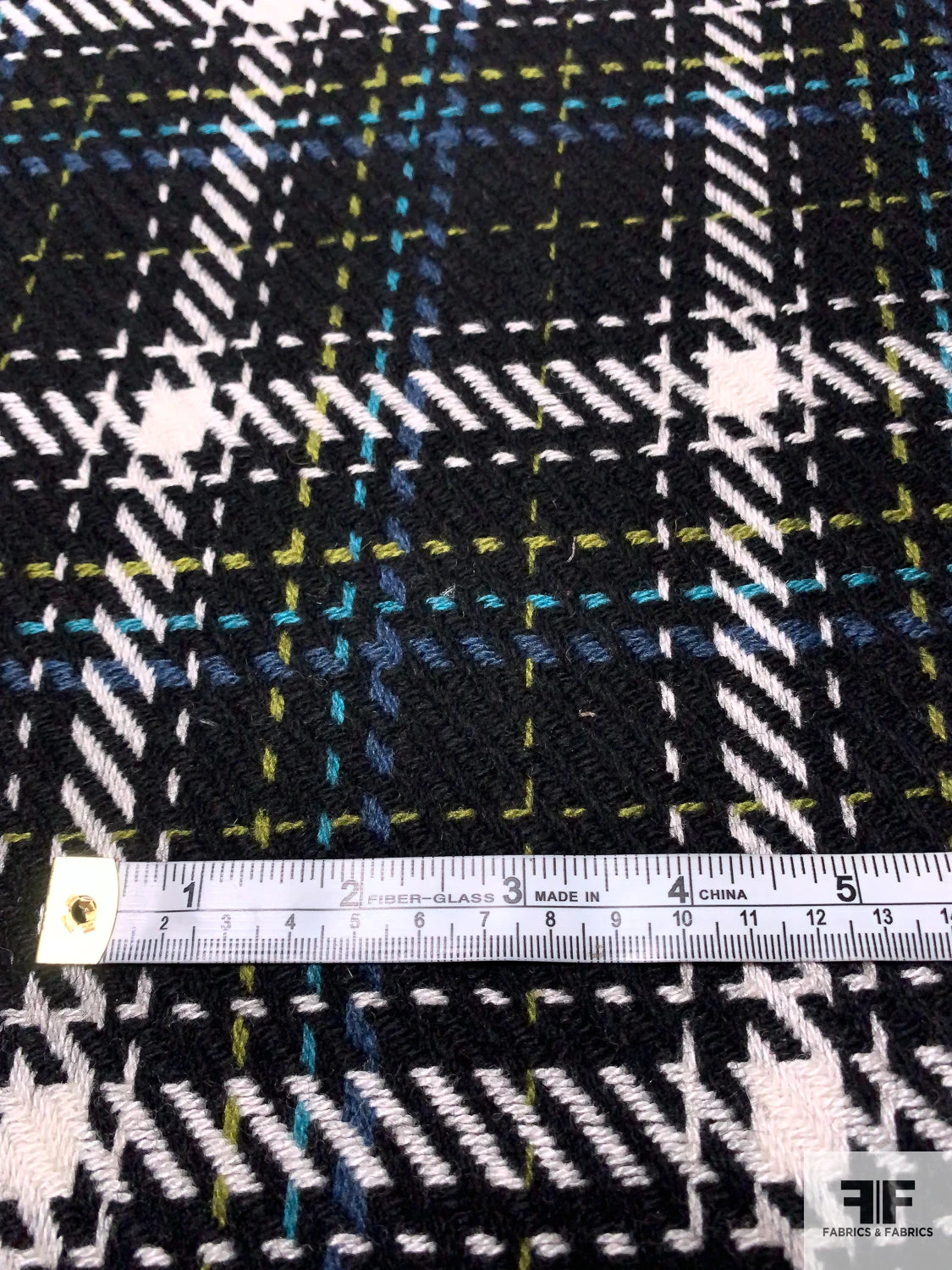 Italian Plaid Wool Blend Jacket Weight - Black / Off-White / Turquoise / Lime 9 Italian Plaid Wool Blend Jacket Weight - Black / Off-White / Turquoise / Lime - Image 7