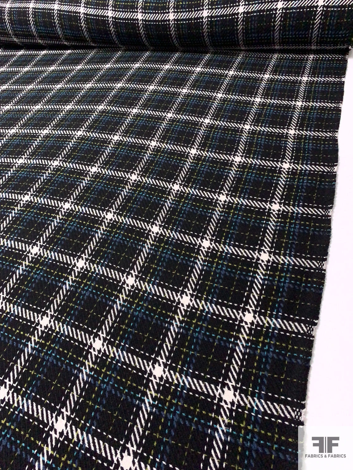 Italian Plaid Wool Blend Jacket Weight - Black / Off-White / Turquoise / Lime 4 Italian Plaid Wool Blend Jacket Weight - Black / Off-White / Turquoise / Lime - Image 2