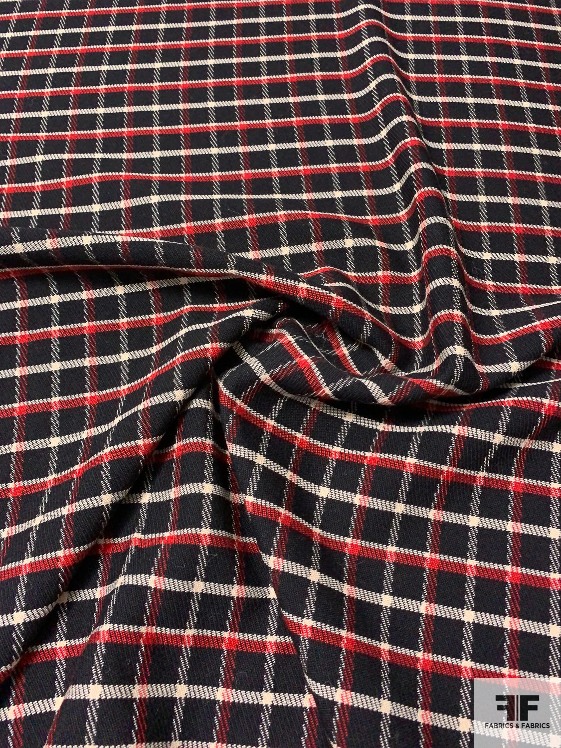 Italian Plaid Twill-Weave Textured Wool Suiting - Black / Red / Cream 3 Italian Plaid Twill-Weave Textured Wool Suiting - Black / Red / Cream
