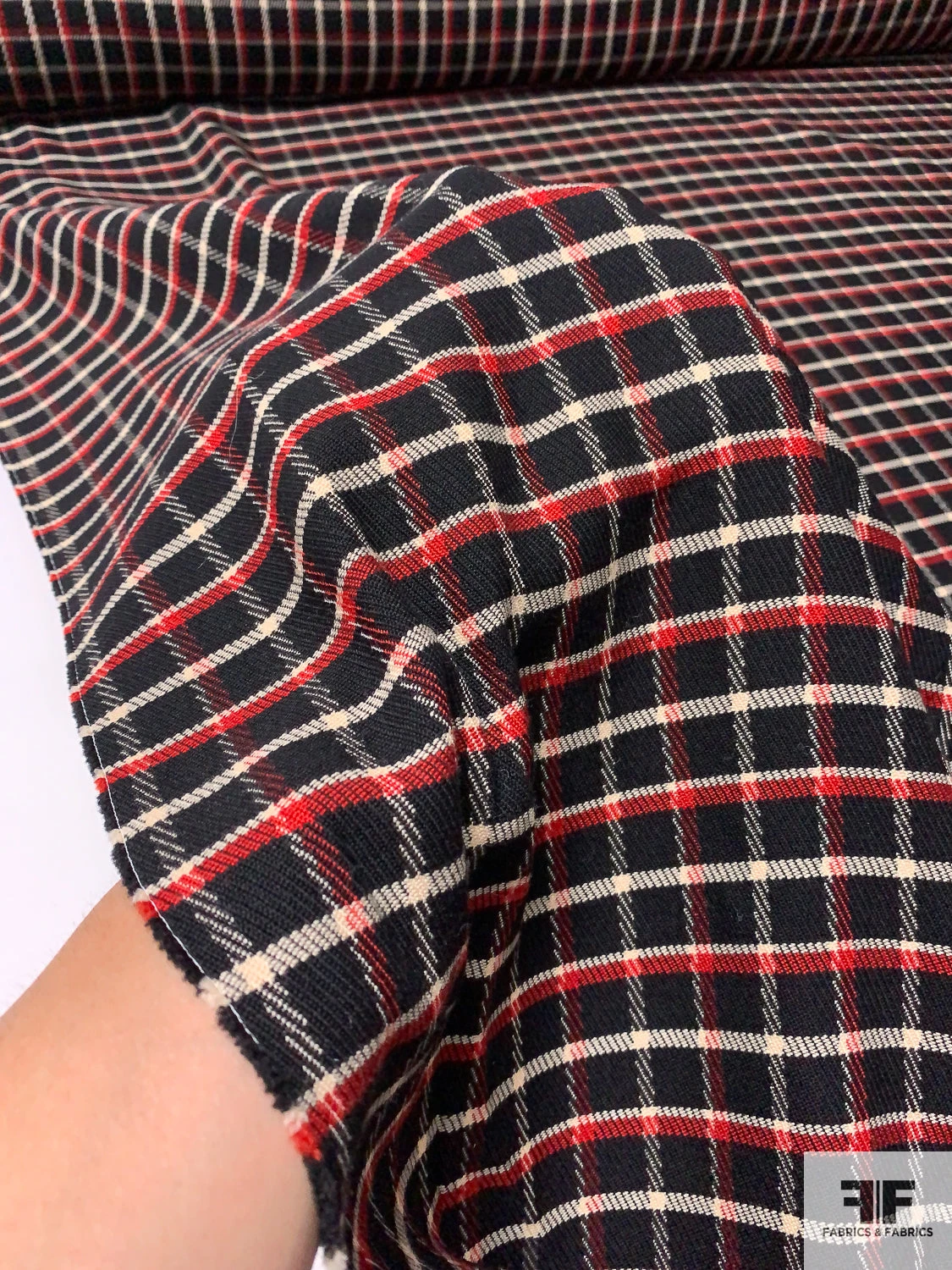 Italian Plaid Twill-Weave Textured Wool Suiting - Black / Red / Cream 4 Italian Plaid Twill-Weave Textured Wool Suiting - Black / Red / Cream - Image 2