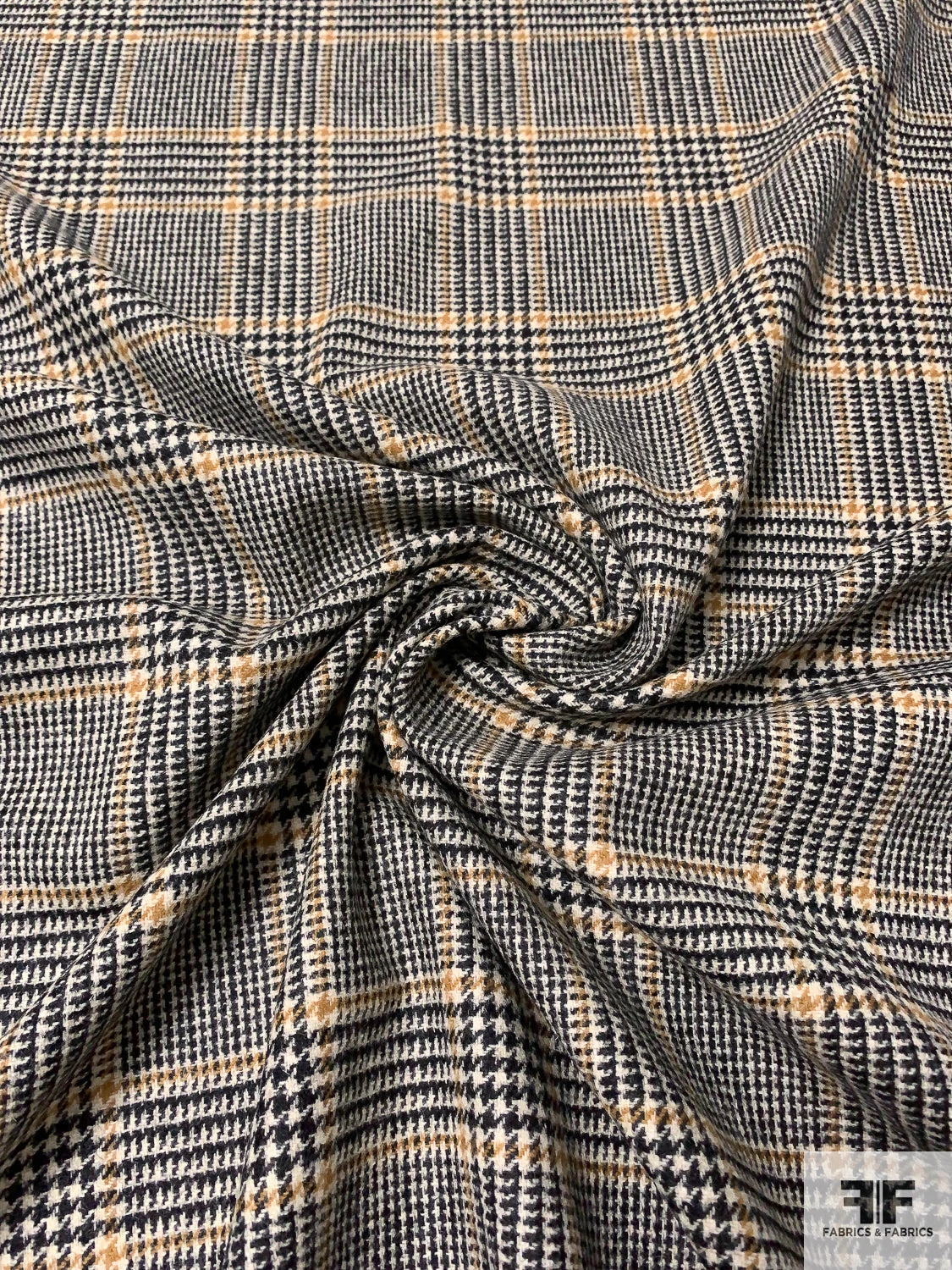 Italian Glen Plaid Wool Jacket Weight Suiting - Black / Cream / Ochre Tan 3 Italian Glen Plaid Wool Jacket Weight Suiting - Black / Cream / Ochre Tan