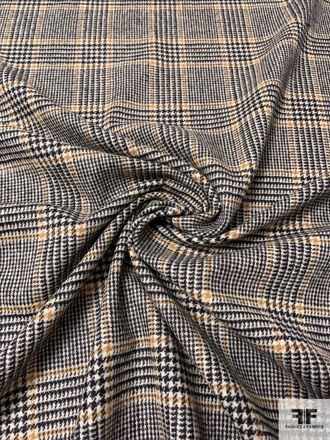 Italian Glen Plaid Wool Jacket Weight Suiting - Black / Cream / Ochre Tan 5 Italian Glen Plaid Wool Jacket Weight Suiting - Black / Cream / Ochre Tan - Image 3