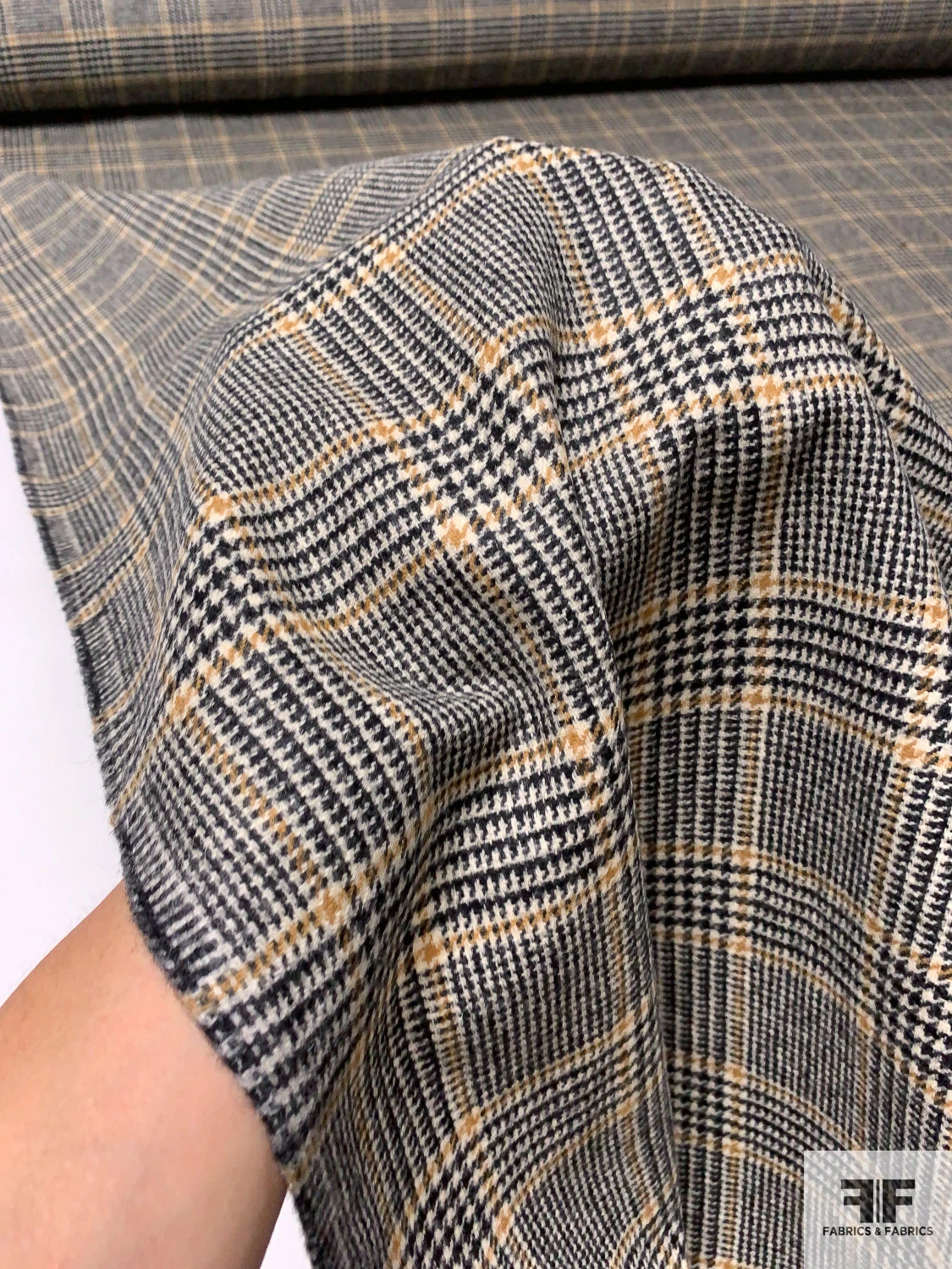 Italian Glen Plaid Wool Jacket Weight Suiting - Black / Cream / Ochre Tan 4 Italian Glen Plaid Wool Jacket Weight Suiting - Black / Cream / Ochre Tan - Image 2