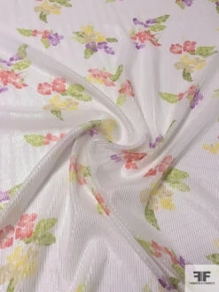 Watercolor Floral Bouquets Printed Silk Chiffon With Silver Lurex Pinstripes - Coral-Berry / Violet / Lime / Off-White