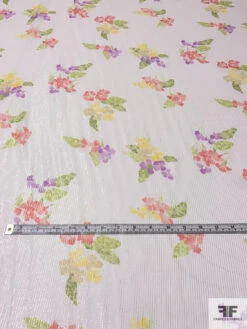 Watercolor Floral Bouquets Printed Silk Chiffon With Silver Lurex Pinstripes - Coral-Berry / Violet / Lime / Off-White -Fabrics And Fabrics Store 14002 5