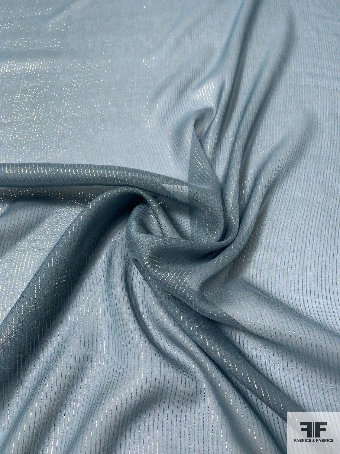 Solid Silk Chiffon With Gold Lurex Pinstripes - Dusty Blue / Gold 4 Solid Silk Chiffon With Gold Lurex Pinstripes - Dusty Blue / Gold - Image 2
