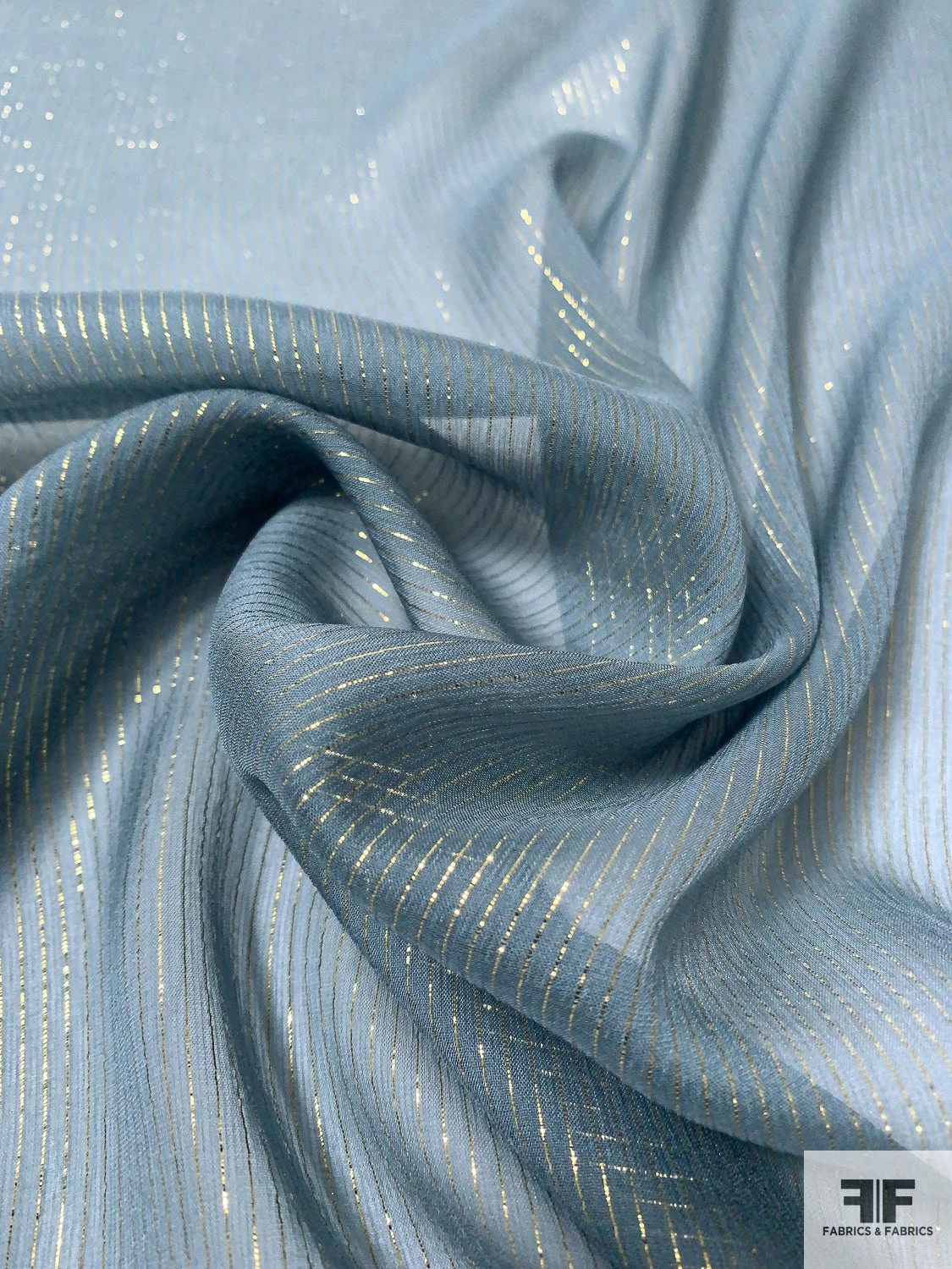 Solid Silk Chiffon With Gold Lurex Pinstripes - Dusty Blue / Gold 3 Solid Silk Chiffon With Gold Lurex Pinstripes - Dusty Blue / Gold