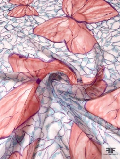 Bold Butterfly Printed Silk Chiffon - Peachy Coral / Purple / Aqua Blue