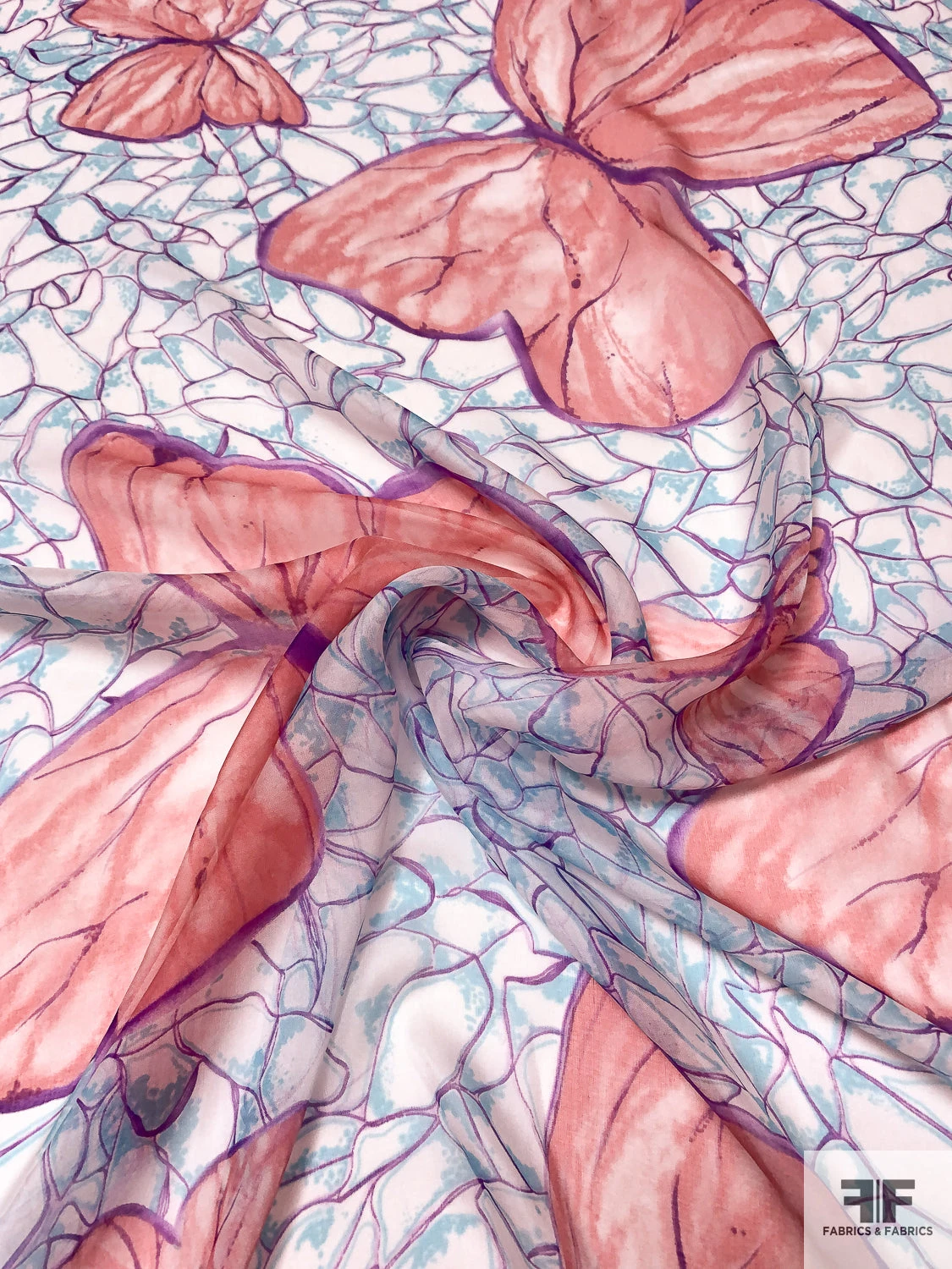 Bold Butterfly Printed Silk Chiffon - Peachy Coral / Purple / Aqua Blue 3 Bold Butterfly Printed Silk Chiffon - Peachy Coral / Purple / Aqua Blue