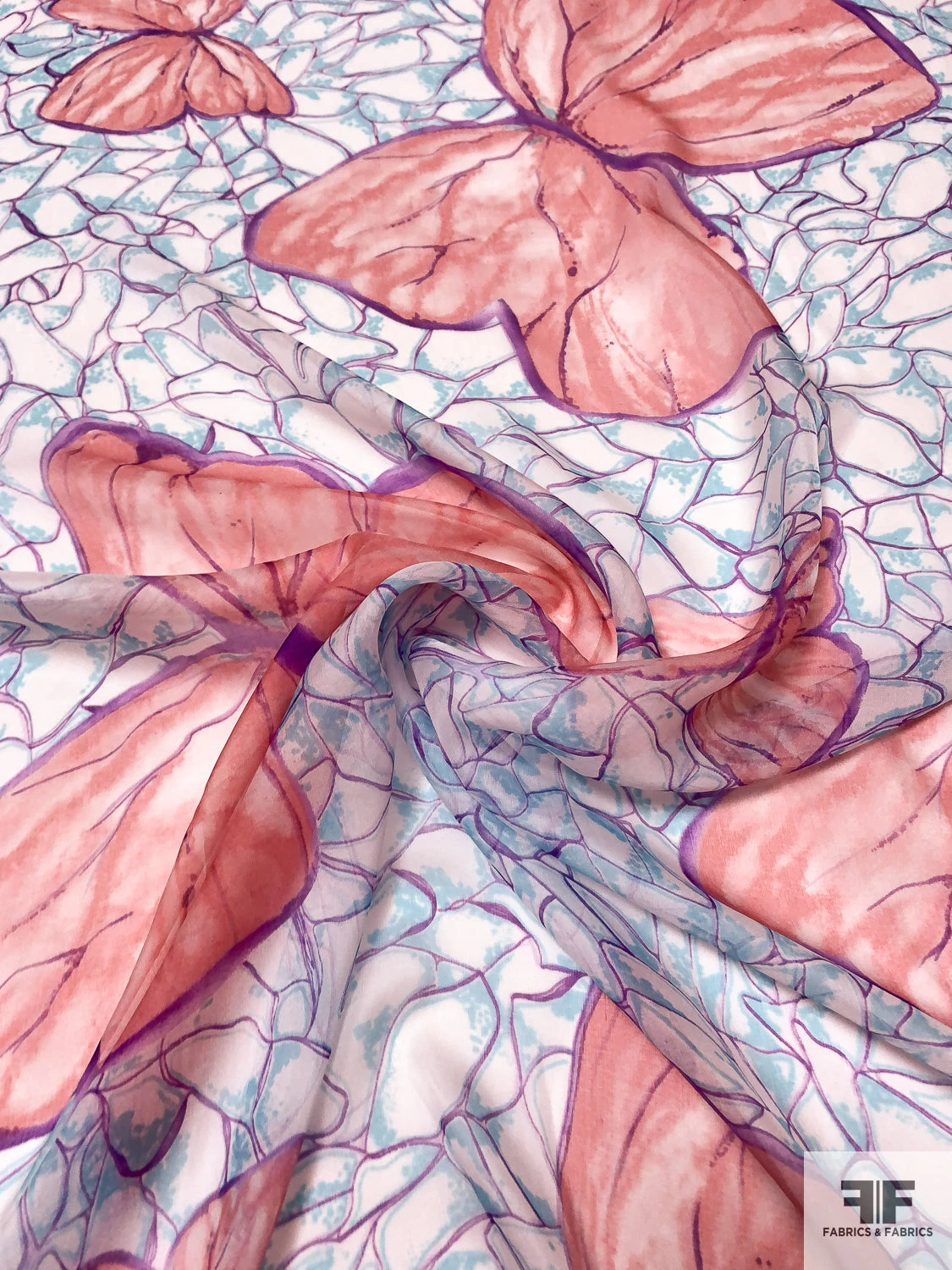 Bold Butterfly Printed Silk Chiffon - Peachy Coral / Purple / Aqua Blue 5 Bold Butterfly Printed Silk Chiffon - Peachy Coral / Purple / Aqua Blue - Image 3