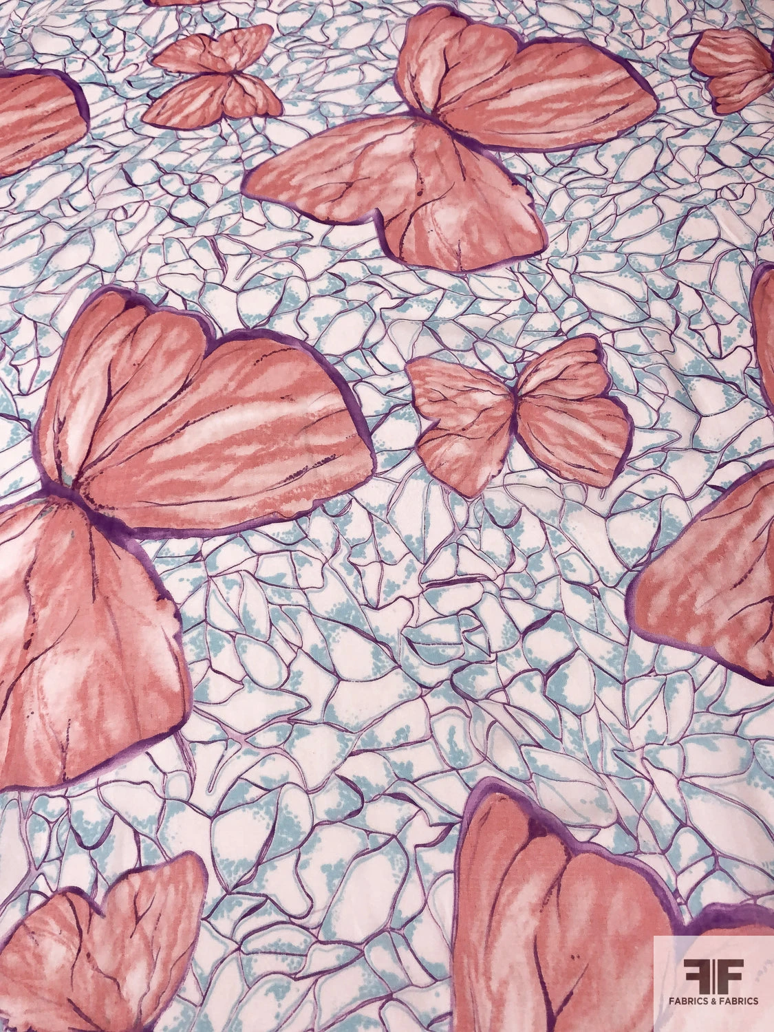 Bold Butterfly Printed Silk Chiffon - Peachy Coral / Purple / Aqua Blue 7 Bold Butterfly Printed Silk Chiffon - Peachy Coral / Purple / Aqua Blue - Image 5