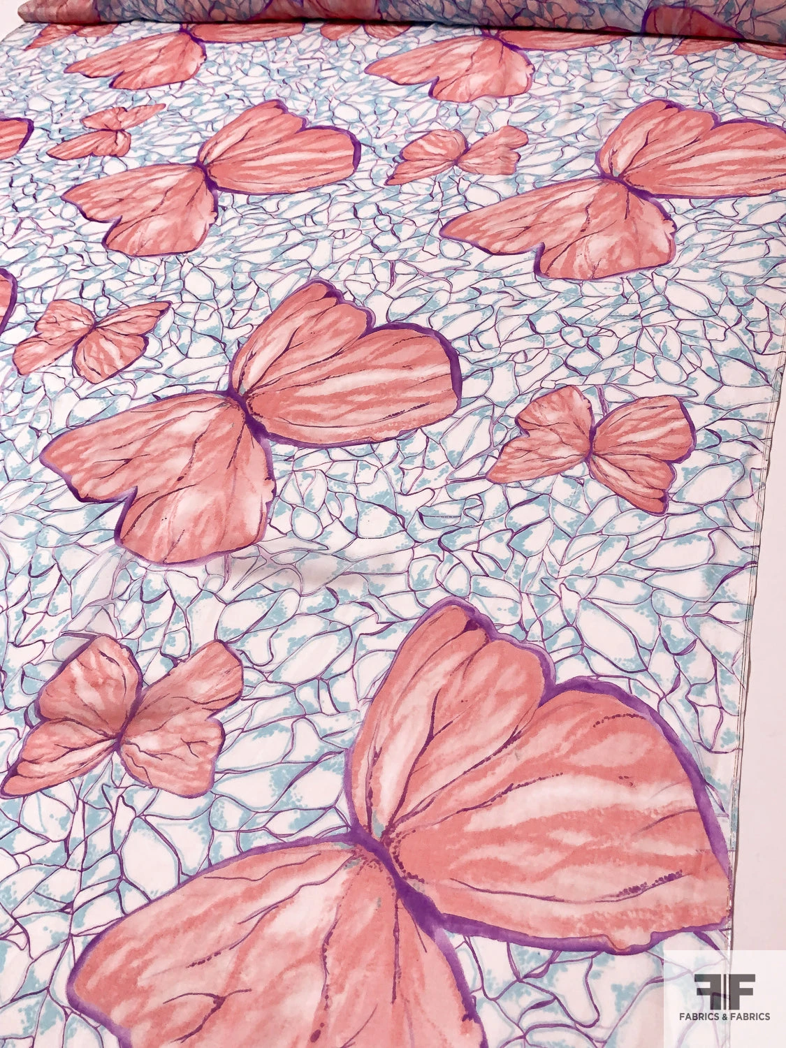 Bold Butterfly Printed Silk Chiffon - Peachy Coral / Purple / Aqua Blue 4 Bold Butterfly Printed Silk Chiffon - Peachy Coral / Purple / Aqua Blue - Image 2