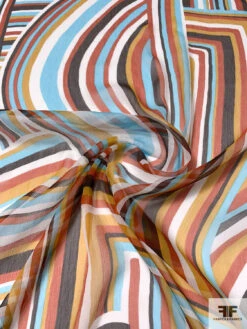 Italian Ethnic Lines Printed Crinkled Silk Chiffon - Orange / Brown / Marigold / Aqua Blue / Off-White -Fabrics And Fabrics Store 14048 1