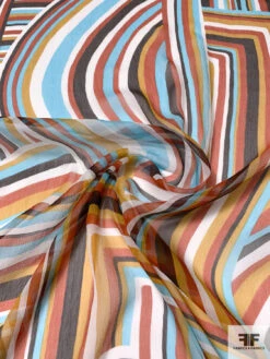 Italian Ethnic Lines Printed Crinkled Silk Chiffon - Orange / Brown / Marigold / Aqua Blue / Off-White -Fabrics And Fabrics Store 14048 2