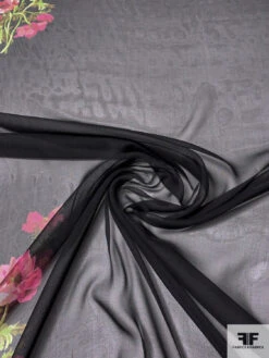 Floral Bouquets Printed Silk Chiffon Panel - Pinks / Red / Green / Black -Fabrics And Fabrics Store 14057 1