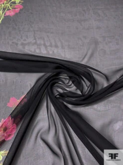 Floral Bouquets Printed Silk Chiffon Panel - Pinks / Red / Green / Black -Fabrics And Fabrics Store 14057 2