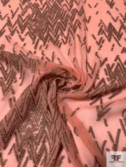 Italian Broken Zig-Zag Crinkled Silk Chiffon With Metallic Fil Coupé - Dusty Peach / Metallic Brown -Fabrics And Fabrics Store 14115 1