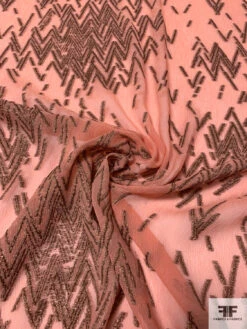 Italian Broken Zig-Zag Crinkled Silk Chiffon With Metallic Fil Coupé - Dusty Peach / Metallic Brown -Fabrics And Fabrics Store 14115 2