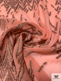 Italian Broken Zig-Zag Crinkled Silk Chiffon With Metallic Fil Coupé - Dusty Peach / Metallic Brown -Fabrics And Fabrics Store 14115 3