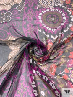 Multi-Pattern Printed Crinkled Silk Chiffon - Brown / Dark Magena / Black / Orange / Off-White -Fabrics And Fabrics Store 14121 1