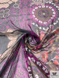 Multi-Pattern Printed Crinkled Silk Chiffon - Brown / Dark Magena / Black / Orange / Off-White -Fabrics And Fabrics Store 14121 2
