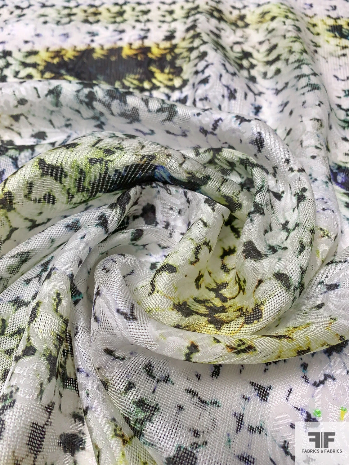 Abstract Printed Soft Gazar-Weave Jacquard Silk - Off-White / Black / Green / Yellow / Blue 6 Abstract Printed Soft Gazar-Weave Jacquard Silk - Off-White / Black / Green / Yellow / Blue - Image 4