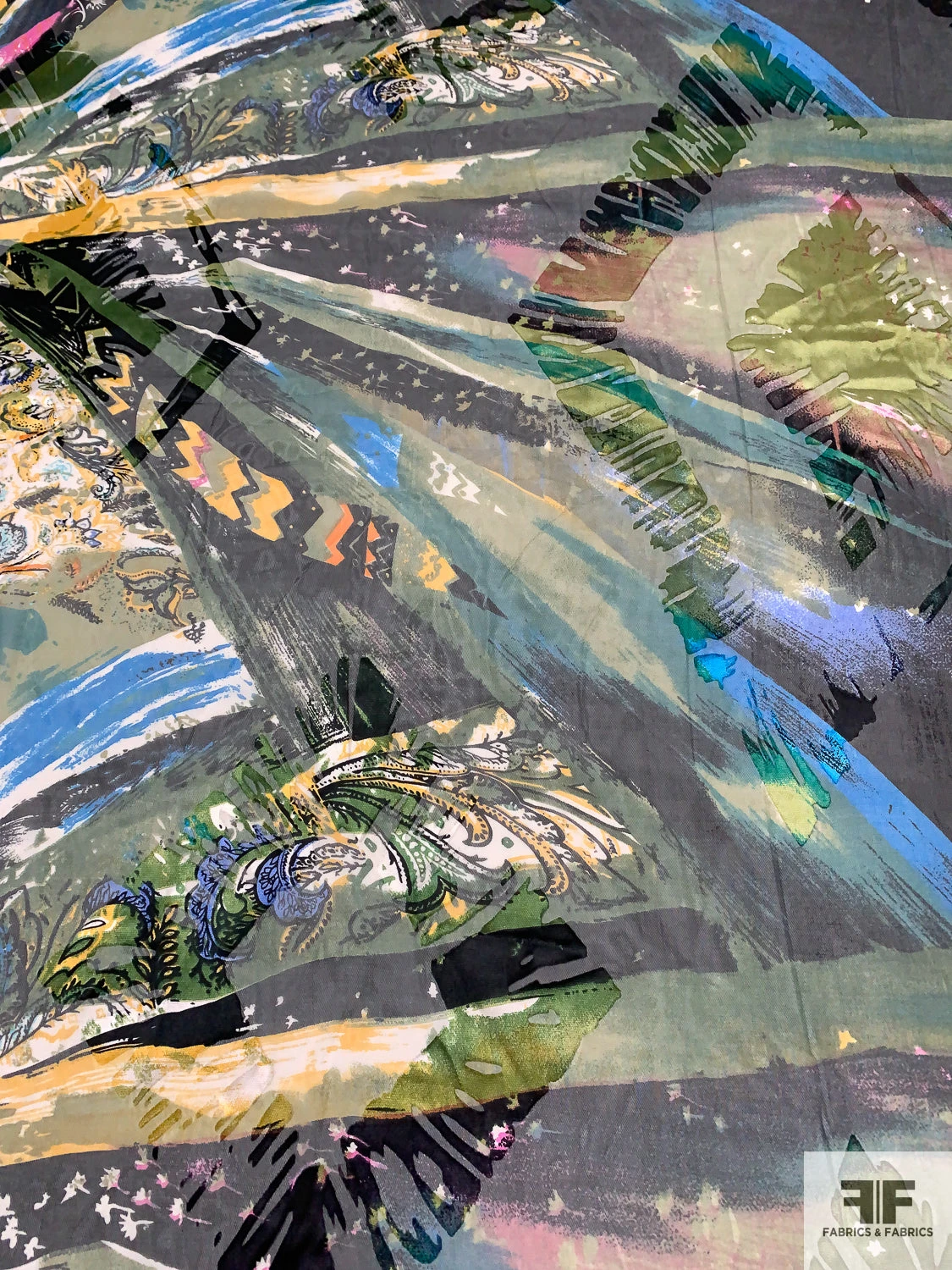 Abstract Printed Burnout Silk Blend Chiffon - Black / Turquoise / Green / Yellow 6 Abstract Printed Burnout Silk Blend Chiffon - Black / Turquoise / Green / Yellow - Image 4