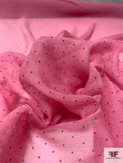 Italian Lightly Crinkled Silk Chiffon With Textured Pin Dots - Pink / Dark Grey