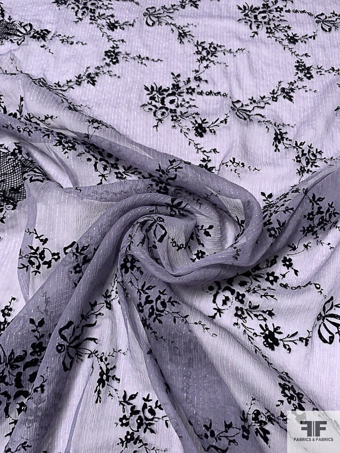 Flocked Intricate Floral Silk Chiffon With Lurex Pinstripes - Dusty Lilac / Black / Silver 6 Flocked Intricate Floral Silk Chiffon With Lurex Pinstripes - Dusty Lilac / Black / Silver - Image 4