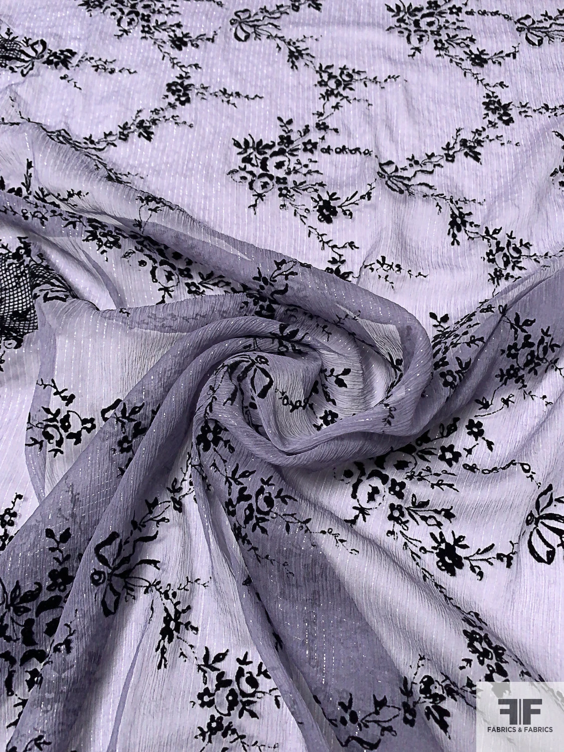 Flocked Intricate Floral Silk Chiffon With Lurex Pinstripes - Dusty Lilac / Black / Silver 5 Flocked Intricate Floral Silk Chiffon With Lurex Pinstripes - Dusty Lilac / Black / Silver - Image 3