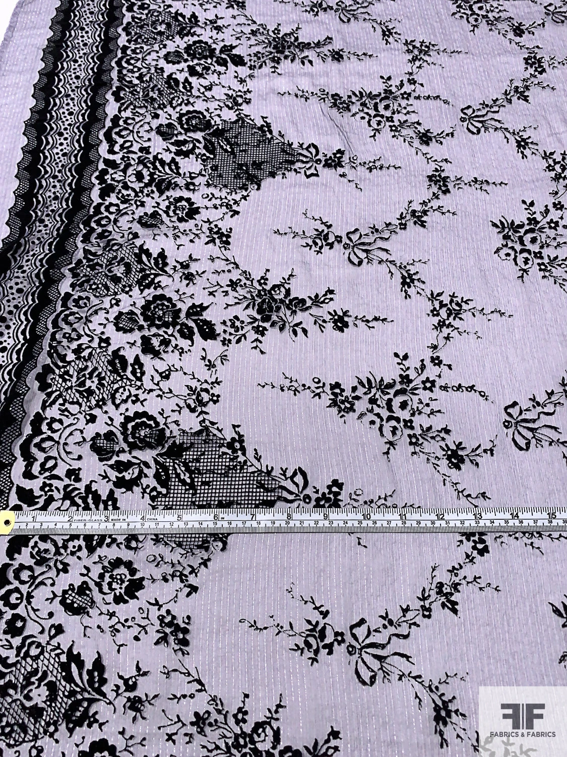 Flocked Intricate Floral Silk Chiffon With Lurex Pinstripes - Dusty Lilac / Black / Silver 9 Flocked Intricate Floral Silk Chiffon With Lurex Pinstripes - Dusty Lilac / Black / Silver - Image 7