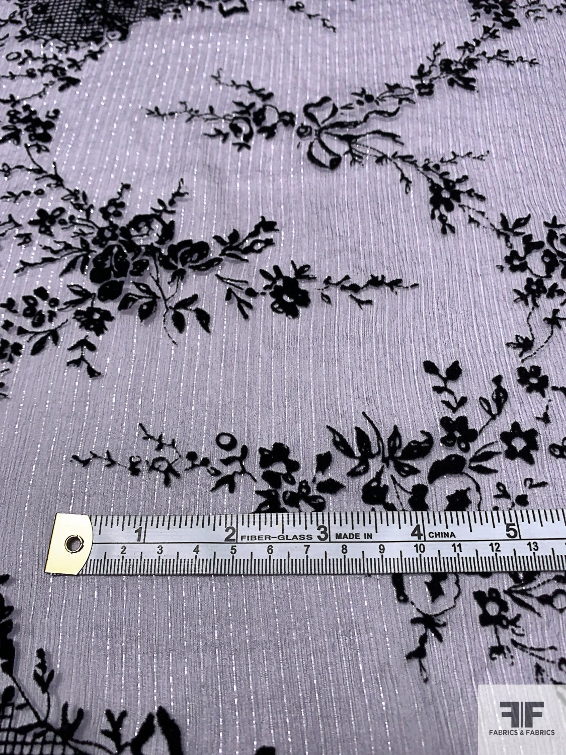 Flocked Intricate Floral Silk Chiffon With Lurex Pinstripes - Dusty Lilac / Black / Silver 10 Flocked Intricate Floral Silk Chiffon With Lurex Pinstripes - Dusty Lilac / Black / Silver - Image 8