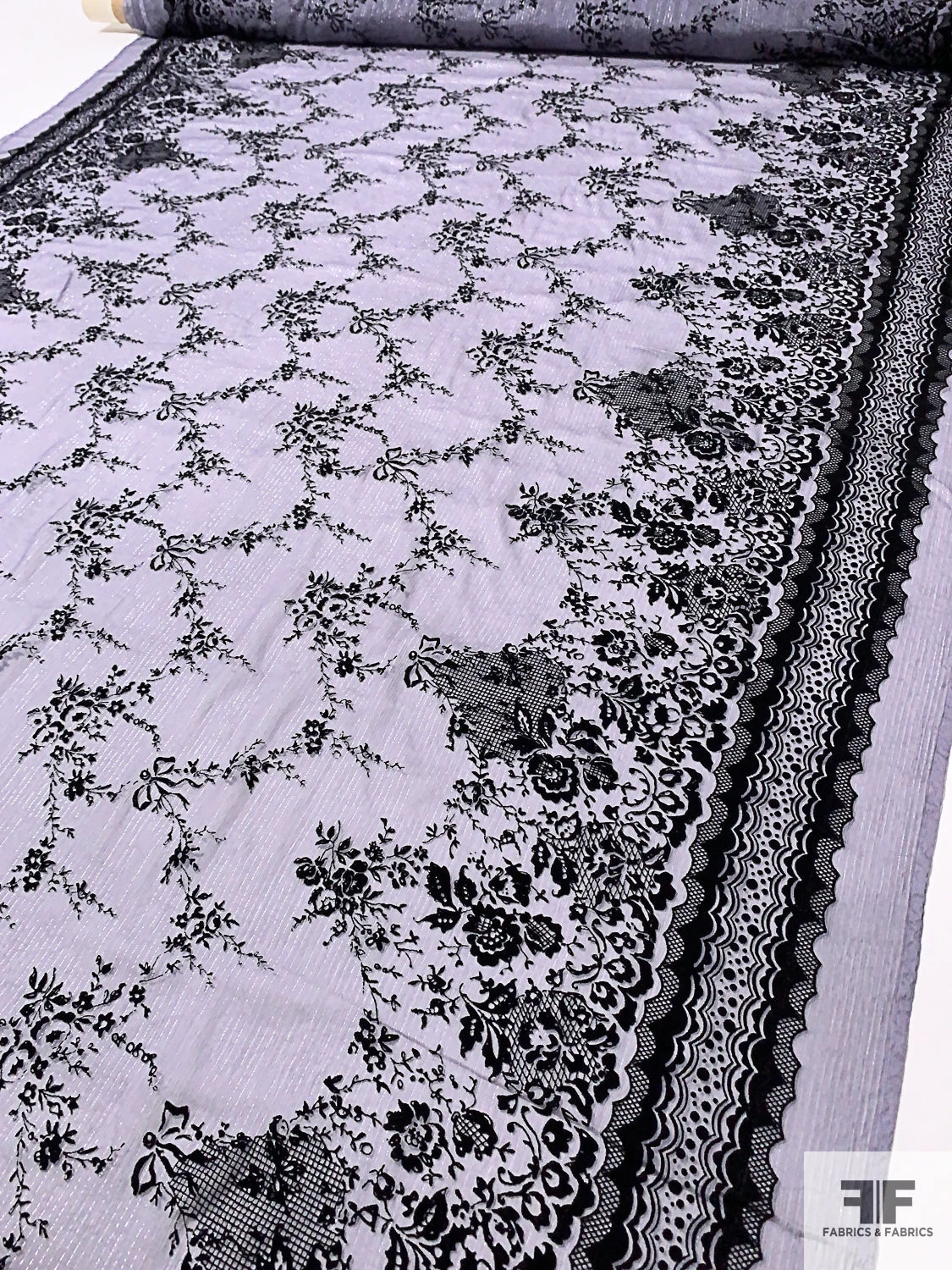 Flocked Intricate Floral Silk Chiffon With Lurex Pinstripes - Dusty Lilac / Black / Silver 3 Flocked Intricate Floral Silk Chiffon With Lurex Pinstripes - Dusty Lilac / Black / Silver
