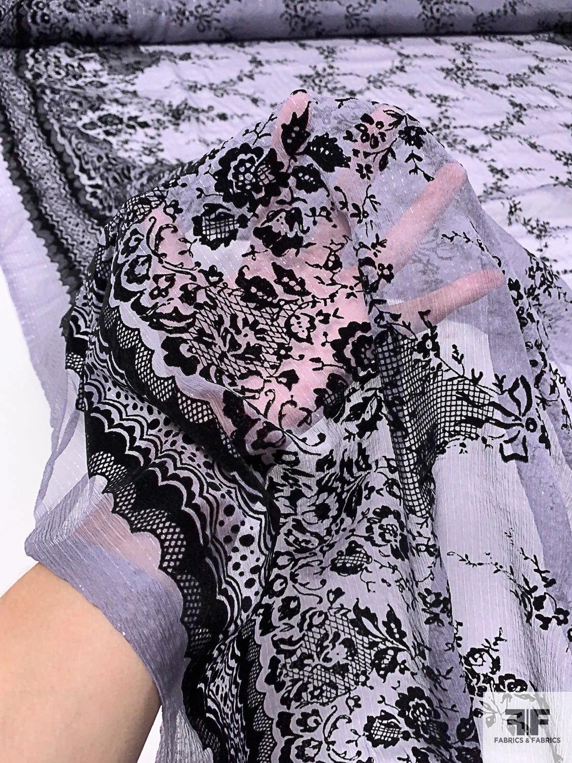Flocked Intricate Floral Silk Chiffon With Lurex Pinstripes - Dusty Lilac / Black / Silver 4 Flocked Intricate Floral Silk Chiffon With Lurex Pinstripes - Dusty Lilac / Black / Silver - Image 2