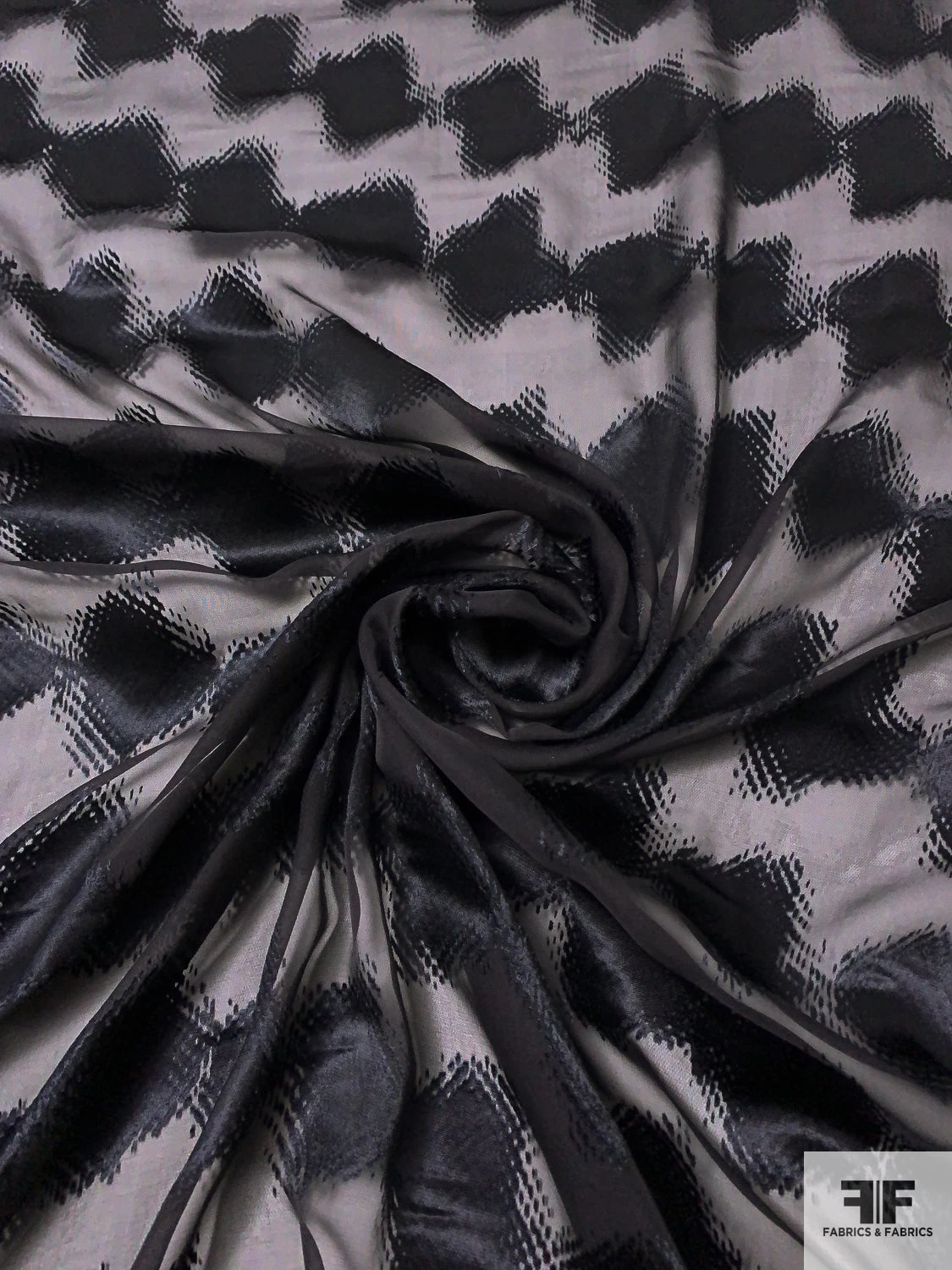 Italian Hazy Geometric Satin Burnout Silk Chiffon - Black 3 Italian Hazy Geometric Satin Burnout Silk Chiffon - Black