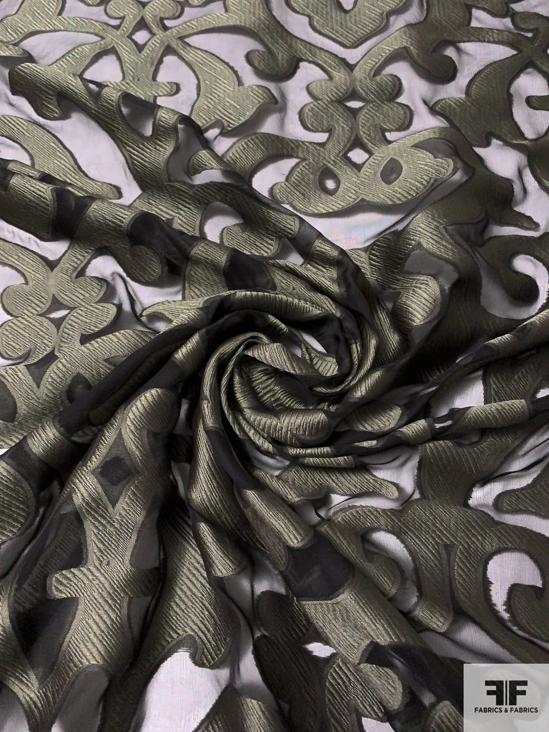 Italian Damask Style Burnout Silk Chiffon - Black / Ecru 6 Italian Damask Style Burnout Silk Chiffon - Black / Ecru - Image 4