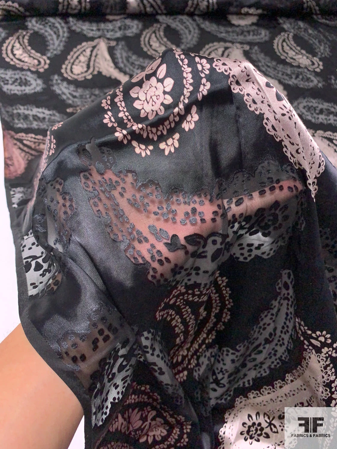 Paisley Printed And Burnout Silk-Rayon Chiffon - Black / Dusty Ice Pink 4 Paisley Printed And Burnout Silk-Rayon Chiffon - Black / Dusty Ice Pink - Image 2