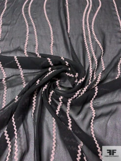 Wavy Lines Flocked Silk Chiffon - Black / Thistle
