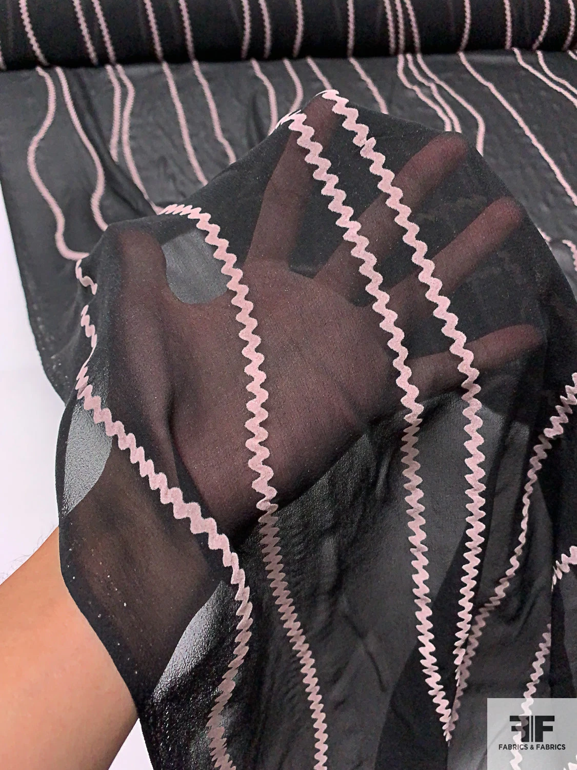 Wavy Lines Flocked Silk Chiffon - Black / Thistle 4 Wavy Lines Flocked Silk Chiffon - Black / Thistle - Image 2
