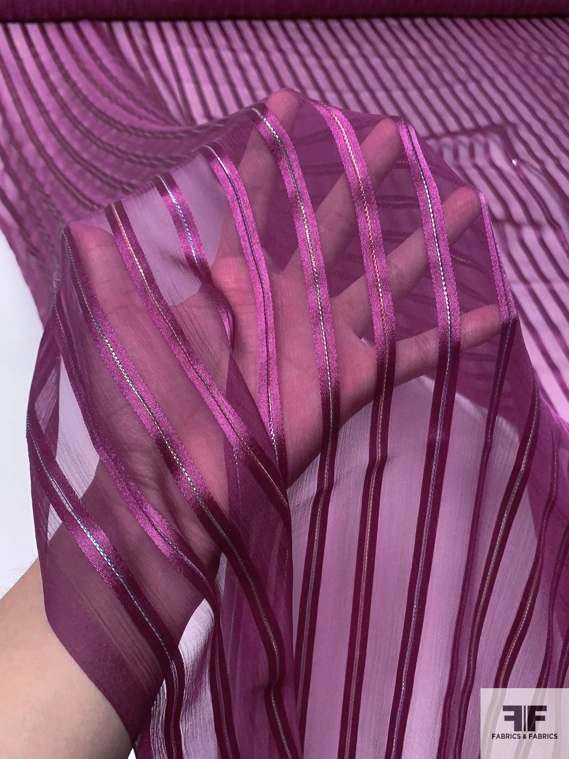 Satin Striped Silk Chiffon With Multicolor Lurex Pinstripes - Purple / Multicolor Lurex 4 Satin Striped Silk Chiffon With Multicolor Lurex Pinstripes - Purple / Multicolor Lurex - Image 2