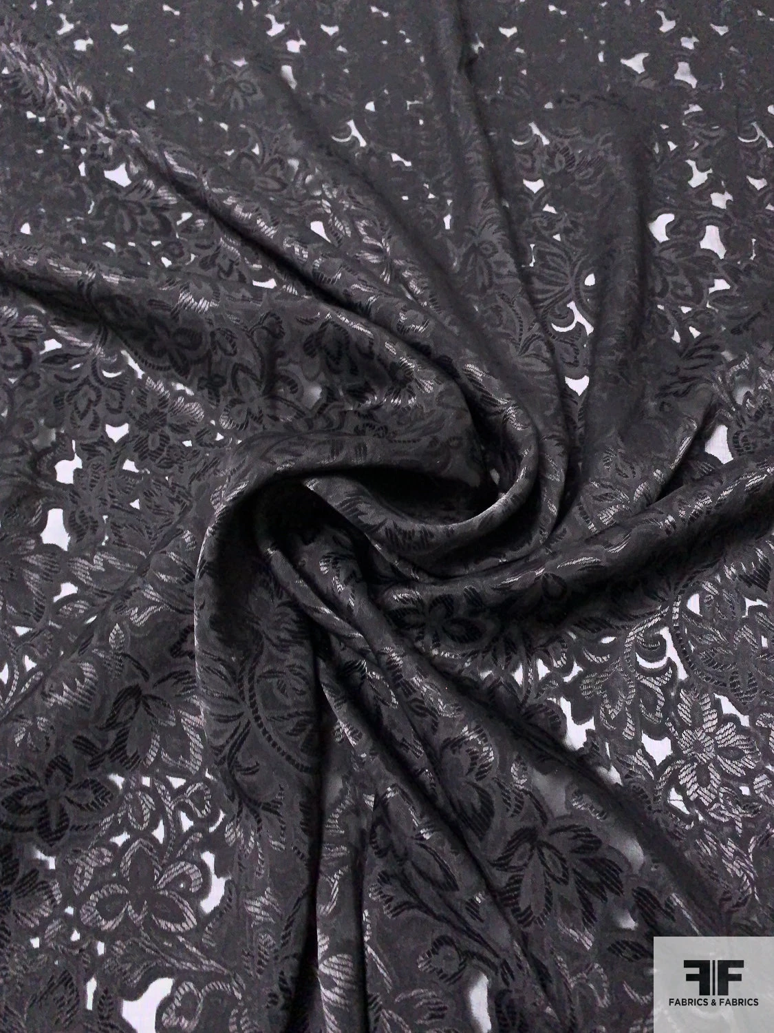 Floral Jacquard Burnout Silk Chiffon - Black 5 Floral Jacquard Burnout Silk Chiffon - Black - Image 3