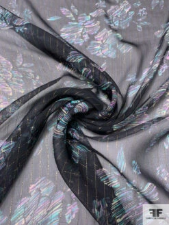 Floral Sketch Printed Silk Chiffon With Lurex Pinstripes - Black / Turquoise / Lavender / Gold