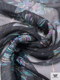 Floral Sketch Printed Silk Chiffon With Lurex Pinstripes - Black / Turquoise / Lavender / Gold -Fabrics And Fabrics Store 14362 3